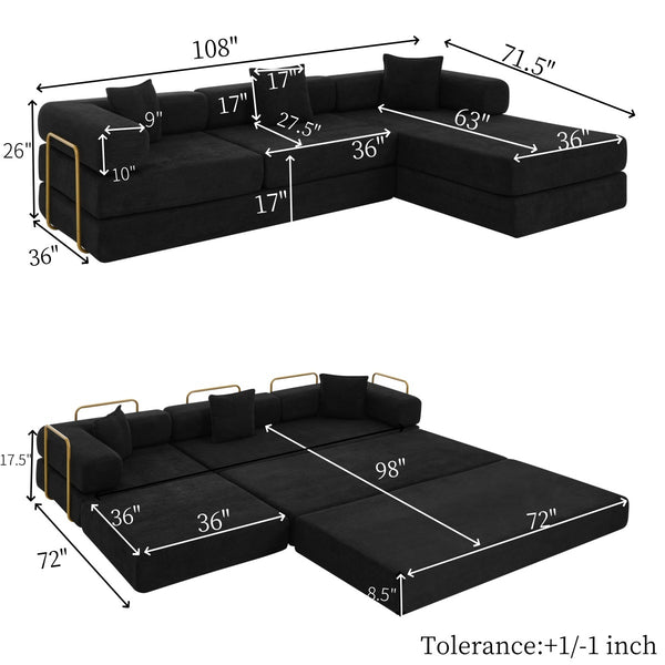 English Elm 108'' Modular Cloud Sectional Corduroy Couch with Fold Flat Backrest for Living Rooms Black W1117S00295
