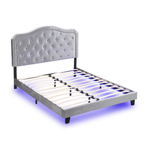 English Elm Upholstered Queen Platform Bed Grey Velvet Tufted Curved Headboard with Led Lighting W311P228694