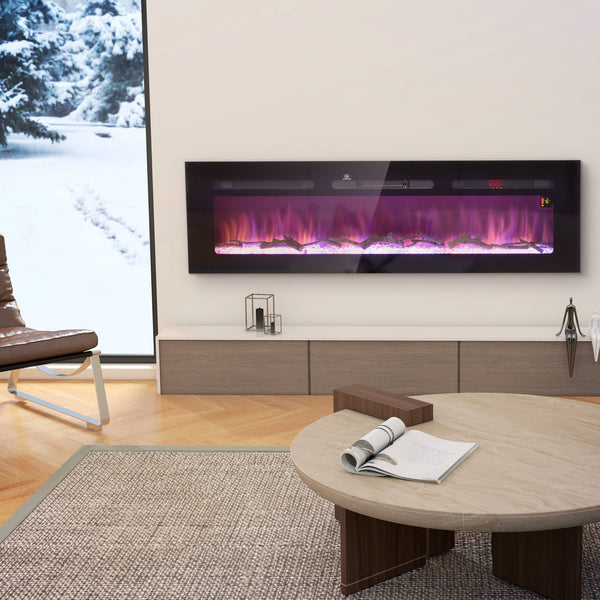 English Elm HOMCOM 60" Electric Fireplace Wall or Recessed with Remote, 1500W Heater, 10 Flame Colors, Timer W2225P249836