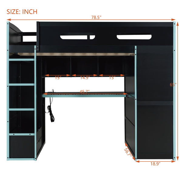English Elm Full Size Gaming Loft Bed with Rgb Lighting Desk Wardrobe and Built-in Storage Blue LT100261AAC