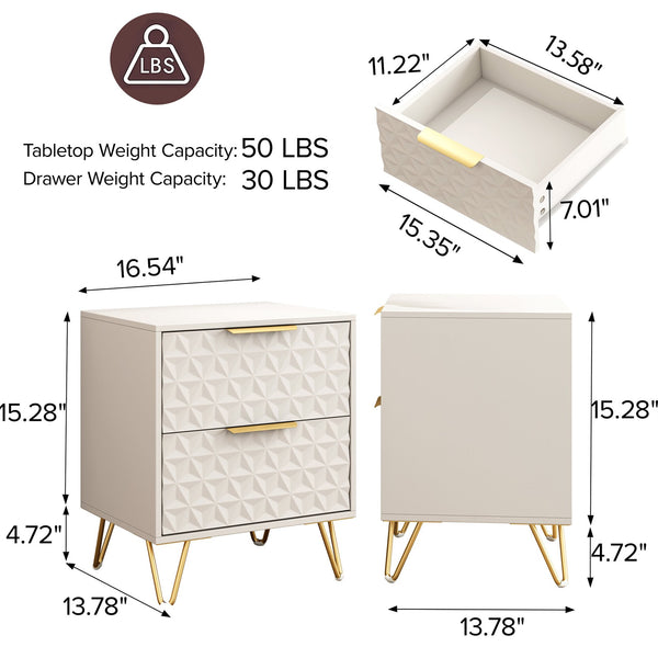 English Elm Set of 2 Wall Mounted Nightstands Gold Legs Geometric Embossed Drawers Bedroom W2948P337510