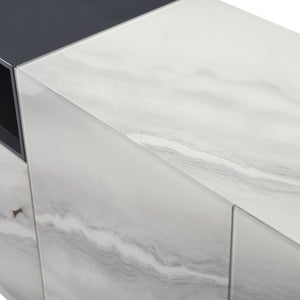 English Elm Olivia Marble Effect Glass Sideboard with Matte Black Open Shelving for Dining Rooms B2736S00027