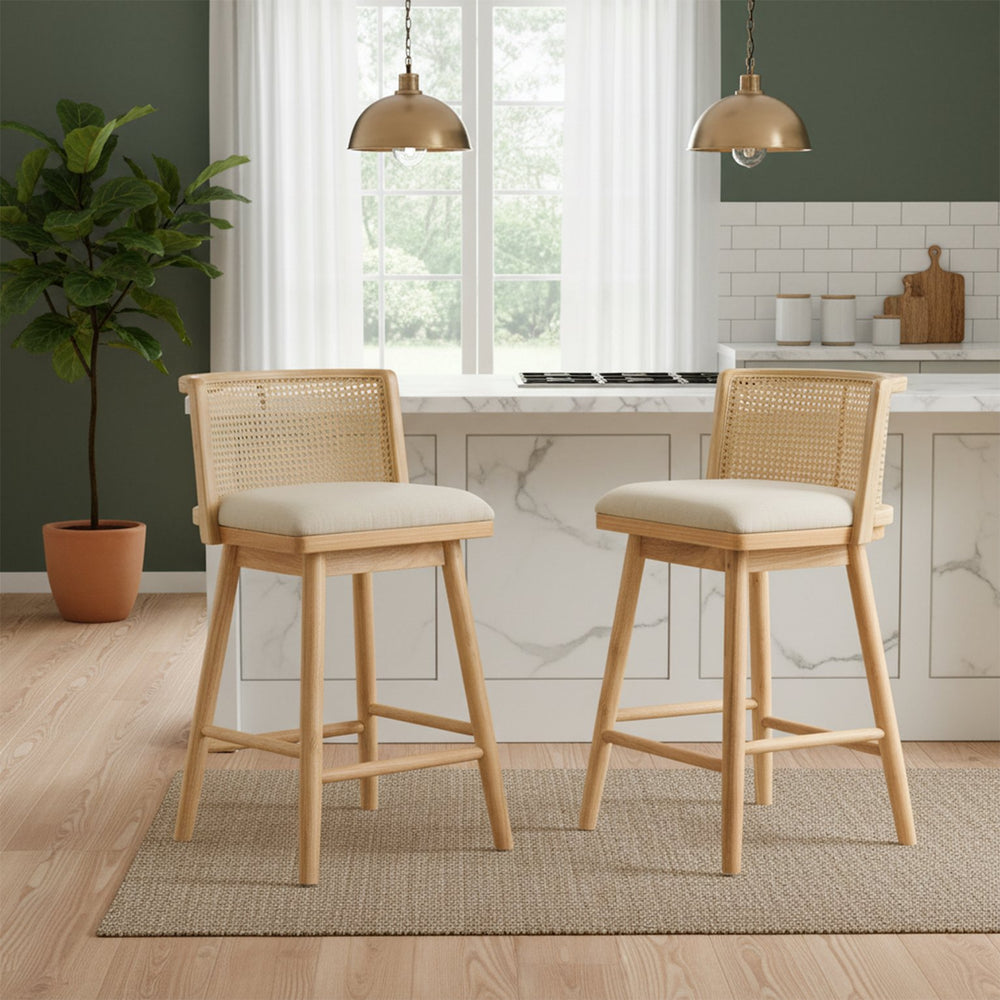 English Elm Talia Rubberwood Counter Stools with Rattan Back Cushioned Seat Scandinavian Set of 2 N775P369555N