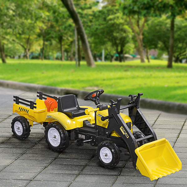 English Elm Aosom Kids Pedal Excavator with Functional Bucket Six Wheels and Detachable Cargo Trailer W2225P249789