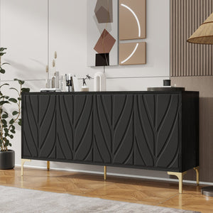 English Elm 60" Modern Handleless Sideboard Buffet Cabinet with Push-to-Open Doors, Carved Black Credenza, Adjustable Shelves, 220lb Top Load, Solid Wood MDF Storage for Living Room Entryway W2696P279985