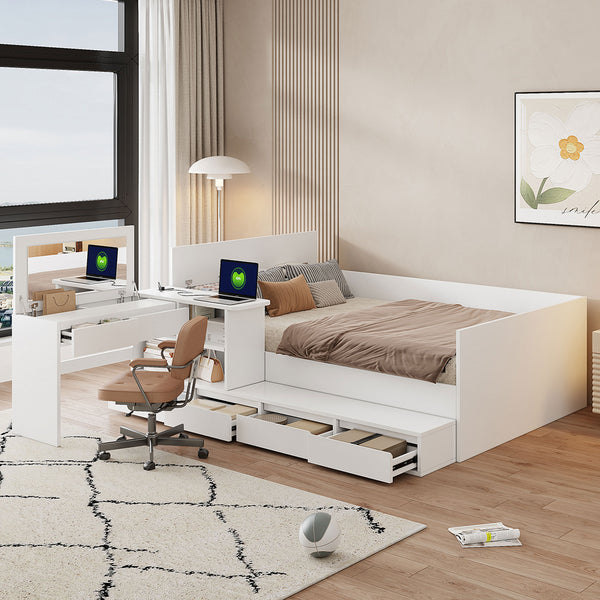 English Elm Full Wooden Platform Bed With 6 Drawers, Shelves & Dressing Table - Stylish Storage Solution! N820S00059K