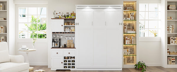 English Elm Queen Murphy Bed with Wine Rack Glass Holder Led Lighting and Cabinet White White LP000391AAK