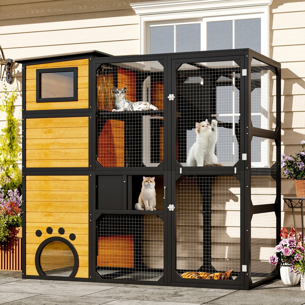 English Elm Go Four Tier Outdoor Cat Enclosure Pine Wood Window Attached Weatherproof Catio N704G201614A