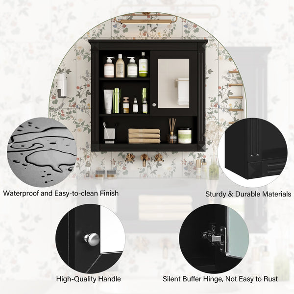 English Elm 32'' Bathroom Wall Cabinet Mirror — 32-inch Wall-Mounted Medicine Cabinet with Adjustable Shelves for Streamlined Bathroom Storage and Stylish Organization Black N710P254922B
