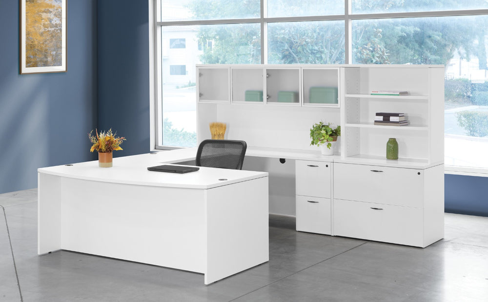 OSP Home Furnishings Napa U Shape Executive Workstation with Hutch Glass Doors and Locking File Storage NAPWHT-TYP13G