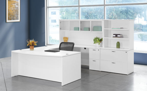 OSP Home Furnishings Napa U Shape Executive Workstation with Hutch Glass Doors and Locking File Storage NAPWHT-TYP13G