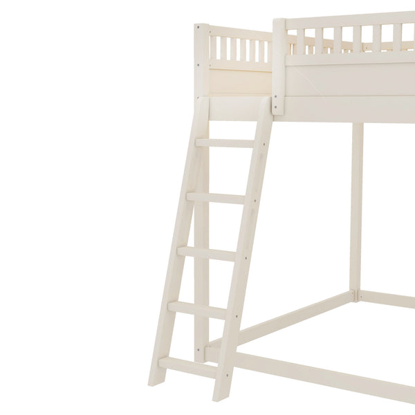 English Elm Full Size Kids Loft Bed Pine Frame Upholstered Headboard Built in Slide and Storage Shelves Beige W1580S00305
