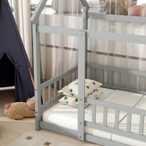 English Elm Twin Floor Wooden House Bed With Roof Frame & Guardrails - Cozy Grey Design For Kids' Rooms W504P286402-GIGA