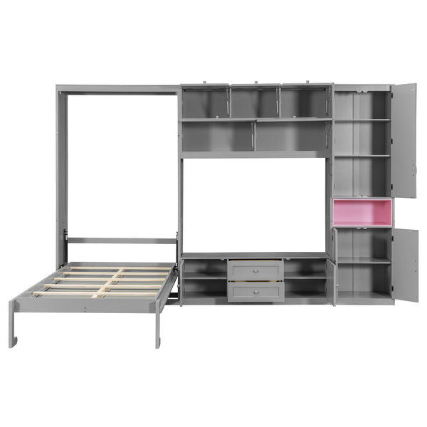 English Elm Twin Murphy Wall Bed with Integrated Tv Stand Open Shelving and Cabinet Storage LP000768AAE
