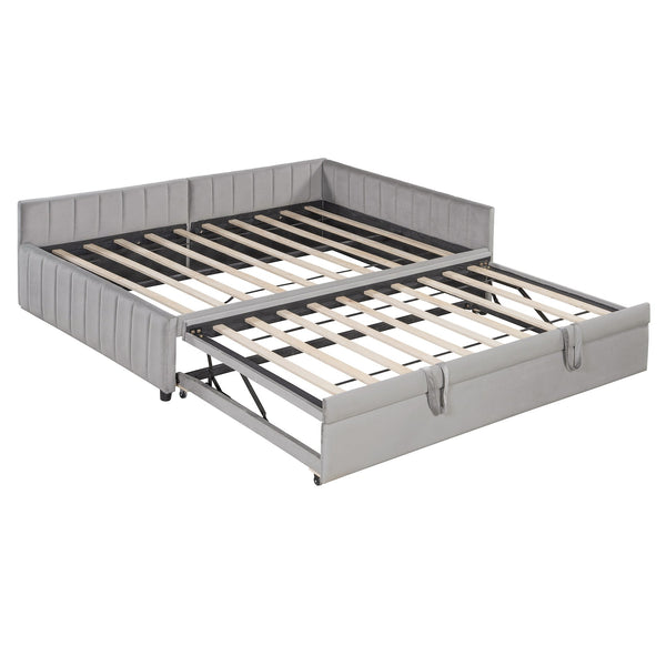 English Elm Full L-Shaped Upholstered Daybed with Twin Pop-Up Trundle, Vertical Stripe Design, Cozy Lounge Style (98) Gray SF000191AAE