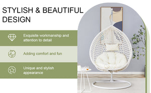 English Elm 76.8-inch Hand Woven Rattan Egg Swing Chair Indoor Outdoor with Cushion Lumbar Pillow White W1512P498593