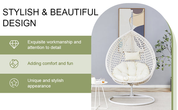 English Elm 76.8-inch Hand Woven Rattan Egg Swing Chair Indoor Outdoor with Cushion Lumbar Pillow White W1512P498593