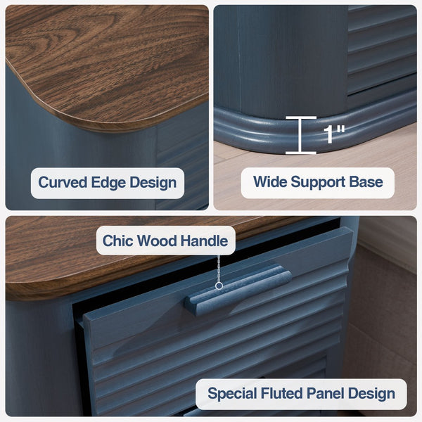 English Elm 22" Fluted Wood Nightstand with Built-in Charging Station Three Drawer Bedside Storage Navy Blue T5326P431149