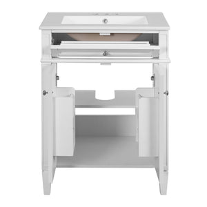 English Elm 24" Bathroom Vanity with Ceramic Basin, French-Inspired Accent Carvings, Soft-Close Doors & Storage White N710P293309K