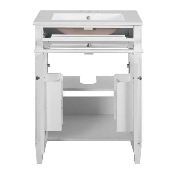 English Elm 24" Bathroom Vanity with Ceramic Basin, French-Inspired Accent Carvings, Soft-Close Doors & Storage White N710P293309K