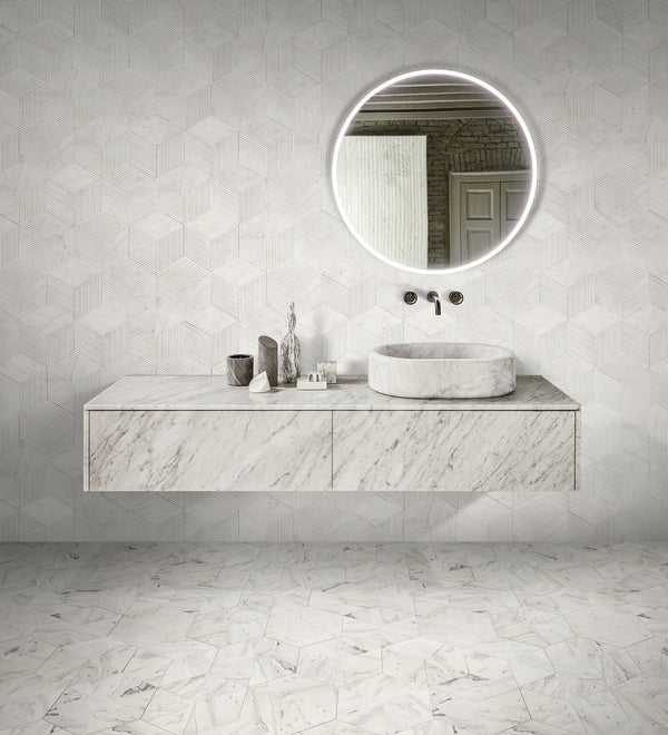 English Elm Hexagon Snow Mountain White Marble Tiles - Textured, 3D Fluted Design For Elegant Bathroom Walls W1696P262342
