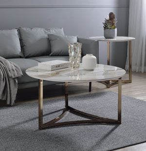 English Elm Aziz Round Sintered Stone Coffee Table with Champagne Metal Frame, Curved Crossbar Modern Centerpiece White 41 L x 39.25 W x 7.75 H B2726P245883