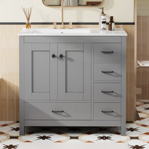 English Elm 36" Gray Bathroom Vanity with Ceramic Sink, 5 Drawers & Soft-Close Doors, Solid Wood Modern Storage N729P183735E