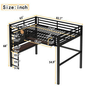 English Elm Twin Xl Solid Pine Loft Bed with Built-in Led Lighting and Storage Shelves W1580S00376
