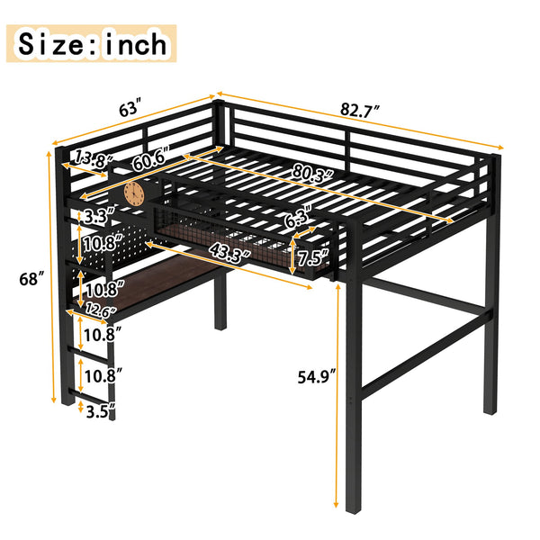 English Elm Twin Xl Solid Pine Loft Bed with Built-in Led Lighting and Storage Shelves W1580S00376
