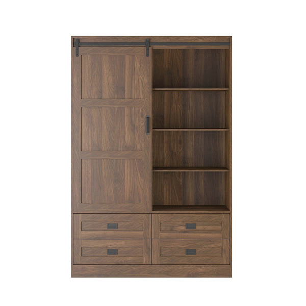 English Elm Tall Farmhouse Wardrobe Armoire with Sliding Barn Doors Drawers and Hanging Rod Wood W1321S00050