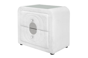 English Elm Shelyn Plush White Teddy Sherpa Nightstand with Glass Top, Crystal Knob & Chrome Accents, 70lb Limit B2726P313164