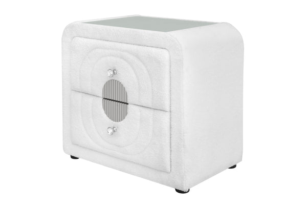 English Elm Shelyn Plush White Teddy Sherpa Nightstand with Glass Top, Crystal Knob & Chrome Accents, 70lb Limit B2726P313164