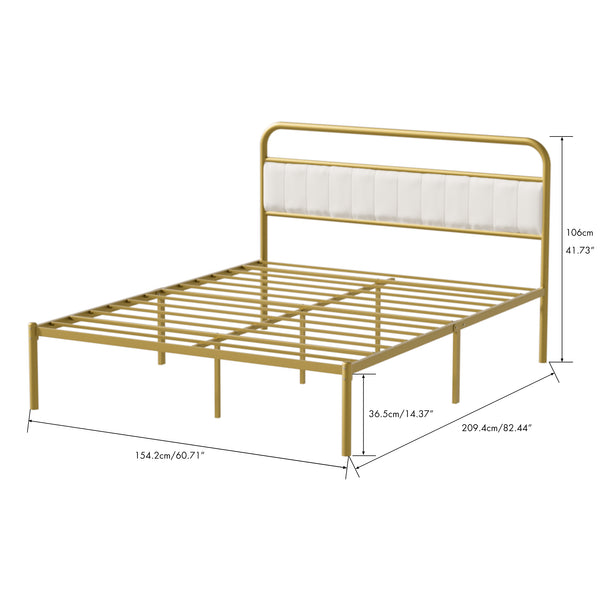 English Elm Queen-Size Beige Linen Platform Bed Frame with Gold Metal Accent, Upholstered Headboard, 800 lb Capacity W2992P233415