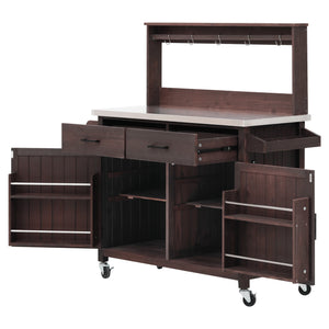 English Elm K&k Solid Fir Grill Cart Stainless Steel Top Outdoor Kitchen Station with Locking Wheels Brown N707P409087Z