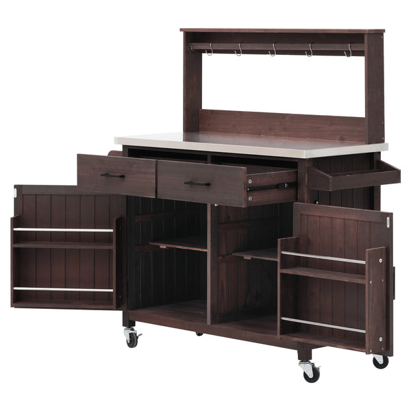 English Elm K&k Solid Fir Grill Cart Stainless Steel Top Outdoor Kitchen Station with Locking Wheels Brown N707P409087Z