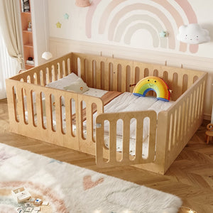 English Elm Twin Solid Pine Montessori Floor Bed with House Frame Door and Safety Fence Natural W5305P420636