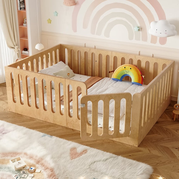 English Elm Twin Solid Pine Montessori Floor Bed with House Frame Door and Safety Fence Natural W5305P420636