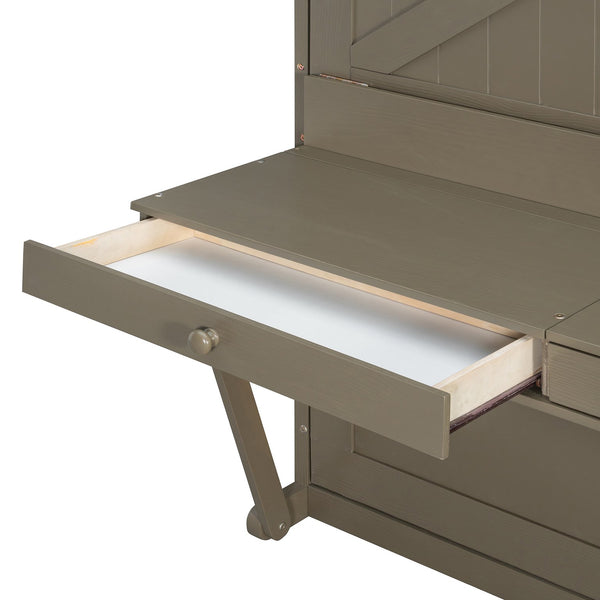English Elm Queen Murphy Bed Cabinet with Vanity Desk Hydraulic Lift Mirror Distressed Finish Gray LP000766AAE-1