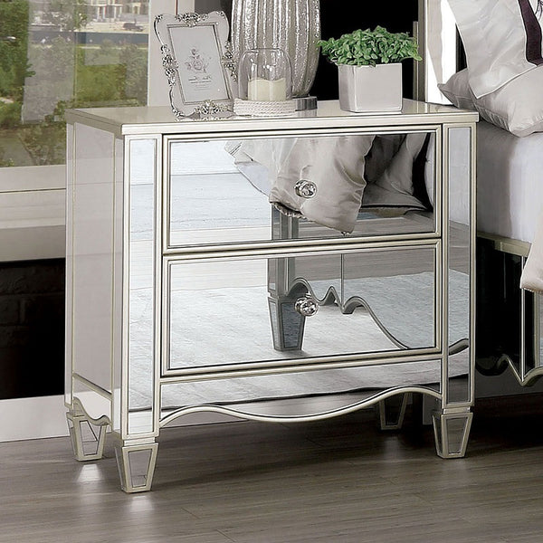 English Elm Glam Silver Finish Nightstand with Crystal Knobs, Ornate Accents & Curved Feet 28"W x 29"H B011P372217