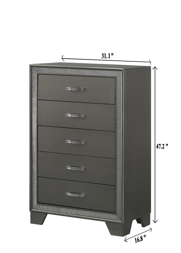English Elm Contemporary Sparkling Accent Five-Drawer Chest with Sleek Dark Brown Finish, Stylish Bedroom Storage Dark Gray 34.13 L x 19.57 W x 47.28 H B2741P345253