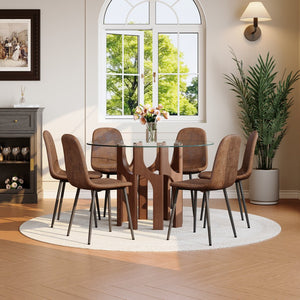 English Elm Round Tempered Glass Dining Table Sculptural Geometric Mdf Base Seats Four Compact Walnut W3875P387156