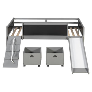English Elm Twin Kids Loft Bed Solid Pine Frame with Slide Chalkboard and Climbing Rope Play Zone Gray N708P340493E