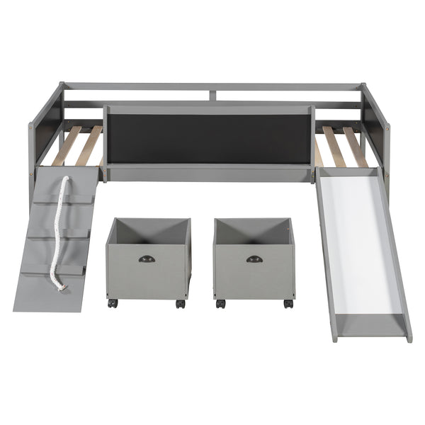English Elm Twin Kids Loft Bed Solid Pine Frame with Slide Chalkboard and Climbing Rope Play Zone Gray N708P340493E