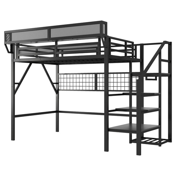English Elm Full Size Metal Loft Bed with Wardrobe Stairs Rgb Lighting Industrial Frame W2580S00051