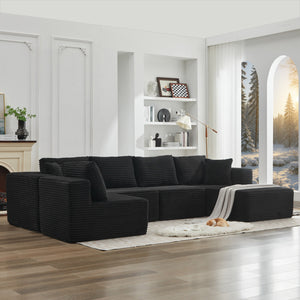 English Elm 106" Cloud Sectional Couch - L-Shaped Modular Sofa With Right-Facing Chaise In Black Plush Corduroy W1143S00028