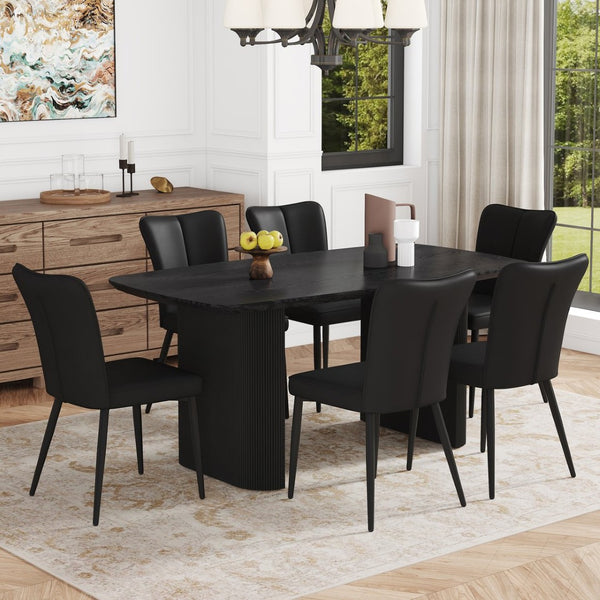 English Elm Table Set: Modern Black Wood Grain Dining Table With 6 Ergonomic Pu Chairs For Stylish Dining Spaces W1151S04181-GIGA