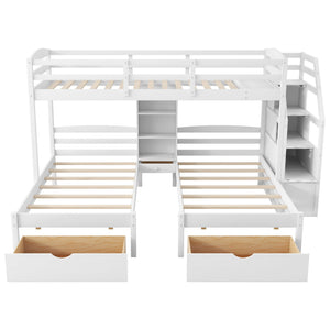 English Elm Twin Triple Bunk Bed White Pine Frame with Staircase Storage Drawers and Built Shelves GX000324AAK-1