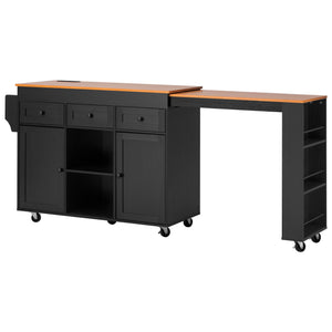English Elm K&k Rolling Kitchen Island with Extendable Table Open Shelving and Built-in Power Outlet Black N707P360278B