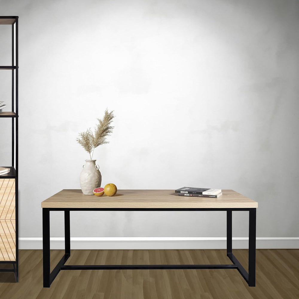 English Elm Bali Coastal Modern Coffee Table With Natural Wood Top & Sleek Black Metal Legs For Stylish Living B347P339189