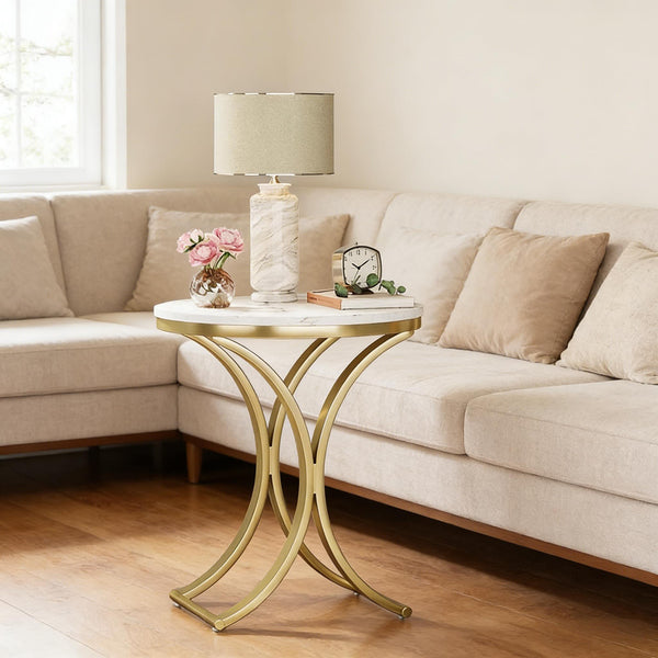 English Elm Chic Two-tier Round End Table with Metal Frame and Open Shelf for Living Room T3971P449094